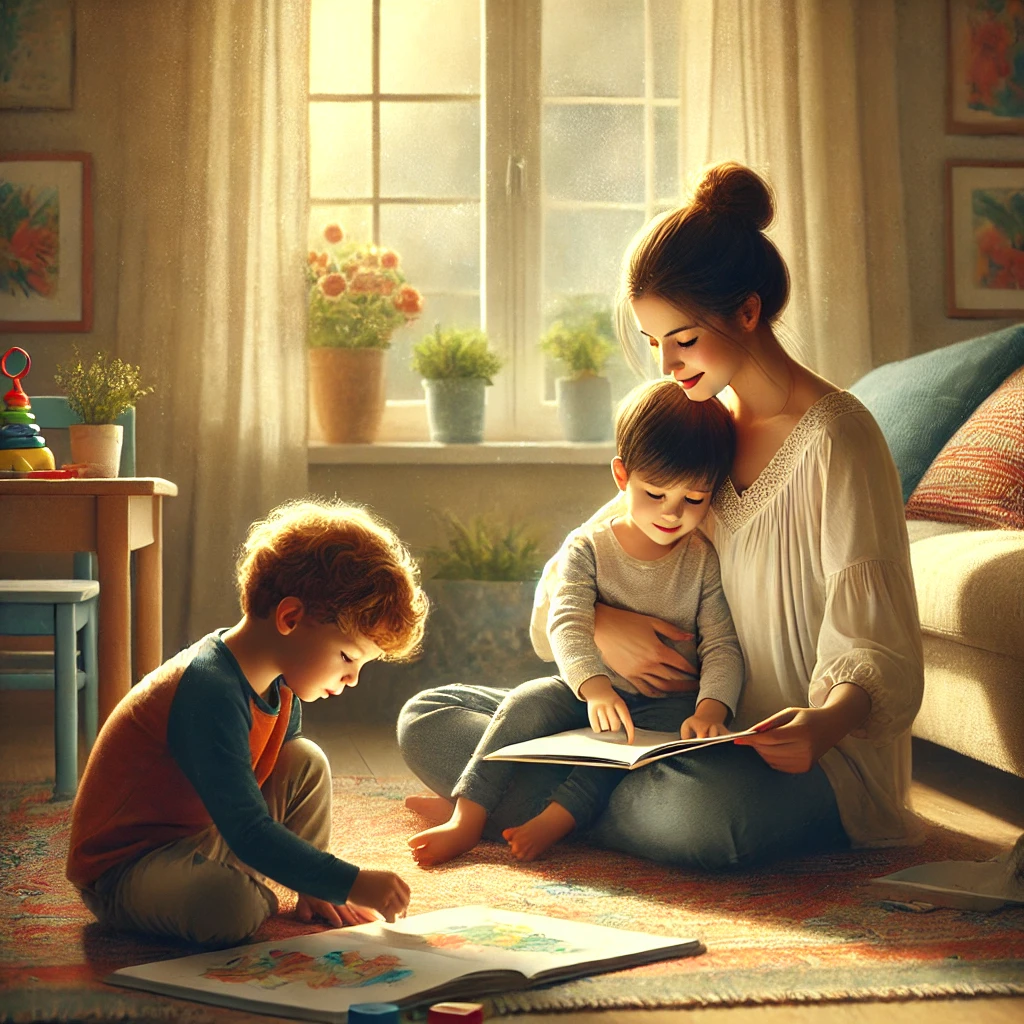 A woman kissing a child on the cheek, both smiling and happy